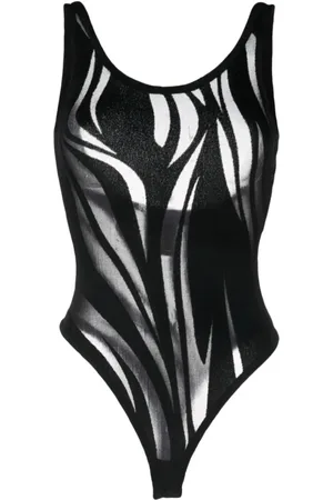 MUGLER Topp, Dam, L, Svart, genomskinlig mönstrad mesh-body
