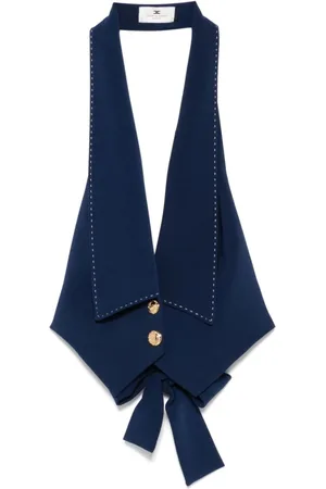 Elisabetta Franchi Jacka, Dam, L, Polyester, Blå Crepejacka med Spetsig Revers
