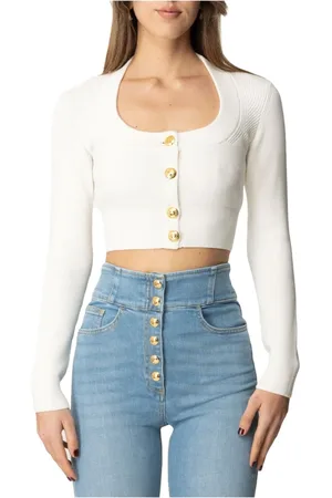 Elisabetta Franchi Stickade tröjor & koftor, Dam, M, Polyester, Ivory Viskos Kofta Elegant Stil