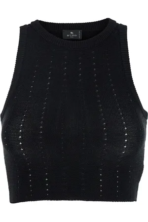 Etro Stickade tröjor & koftor, Dam, S, Bomull, Svart Stickad Crop Top med Öppet Arbete