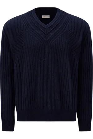 Moncler Stickade tröjor & koftor, Herr, XL, Läder, Marinblå Ull V-ringad Tröja