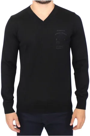 ERMANNO SCERVINO Stickade tröjor & koftor, Herr, M, Elegant Svart V-ringad Tröja i Ullmix