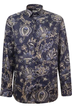 Etro Skjorta, Herr, 2Xl, Bomull, Blå Paisley Print Knappskjorta