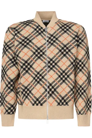 Burberry Stickade tröjor & koftor, Herr, M, Check Jacquard Bomberjacka Sand