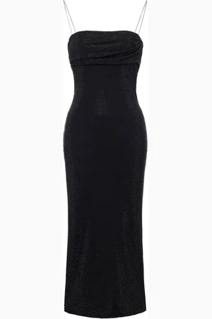 Serafini Klänning, Dam, M, Polyester, Svart midiklänning med kristallutsmyckning