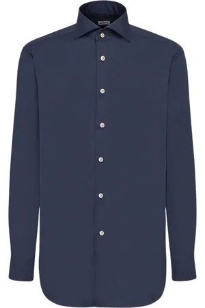 Kiton Skjorta, Herr, 4Xl, Bomull, Blå bomullsskjorta med pärlemorknappar