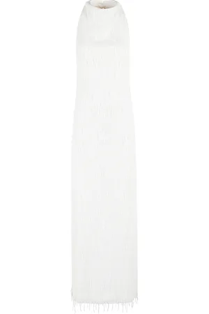 ROTATE Klänning, Dam, S, Polyester, Egret Mesh Sequin Fringe Halterneck Klänning