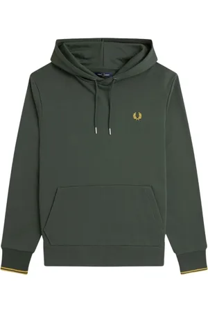 Fred Perry Sweatshirts & Hoodies, Herr, S, Bomull, Grön Hoodie med Dubbel Ränderdetalj