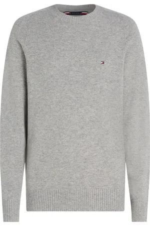 Tommy Hilfiger Stickade tröjor & koftor, Herr, M, Grå lammeulls genser med rund hals