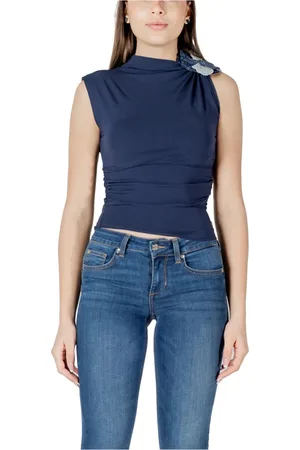 Guess Topp, Dam, L, Bomull, Blå Turtleneck Ärmlös Bomullstopp