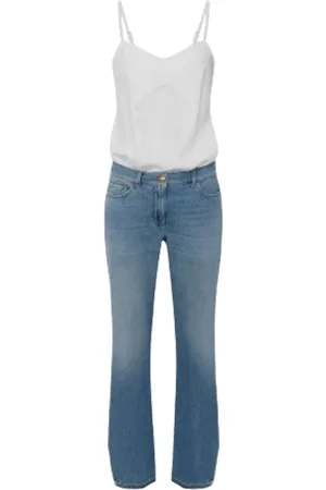 Elisabetta Franchi Jumpsuits & Playsuits, Dam, S, Denim, Blommig Broderad Jumpsuit med Denim Botten