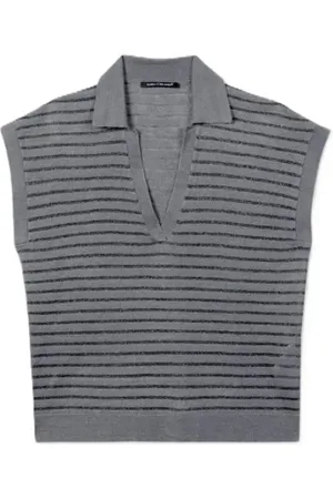 Luisa Cerano Stickade tröjor & koftor, Dam, L, Polyester, Kortärmad V-ringad Pullover med Polokragen