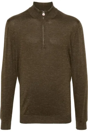 Kiton Stickade tröjor & koftor, Herr, L, Linne, Grön Mélange Höghalsad Tröja