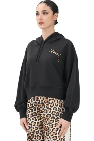 PUMA Sweatshirts & Hoodies, Dam, M, Leopardtryck Hoodie Svart Kvinnor