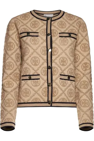 Tory Burch Stickade tröjor & koftor, Dam, L, Bomull, Beige Monogram Cardigan