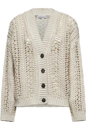 Brunello Cucinelli Stickade tröjor & koftor, Dam, M, Bomull, Net Knit V-Neck Tröja
