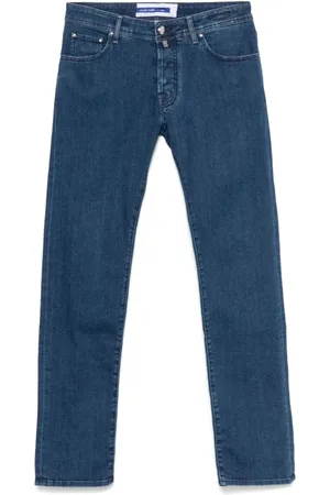 Jacob Cohen Jeans, Herr, W33, Denim, Indigo Blå Klassiska Jeans med Logotypemblem