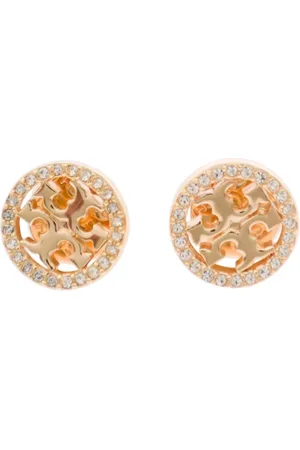 Tory Burch Accessoarer, Dam, ONE Size, Guldiga Örhängen med Logotyp och Strass