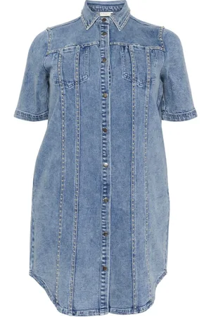 Kaffe Klänning, Dam, 3Xl, Denim, Denimklänning med Halvlånga ärmar och Krage
