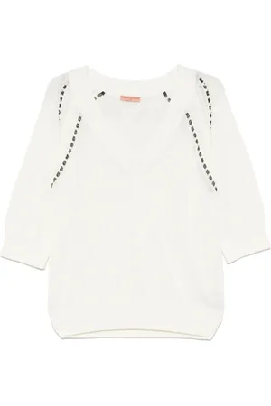 ERMANNO SCERVINO Stickade tröjor & koftor, Dam, S, Bomull, Vit V-ringad tröja med broderad logotyp