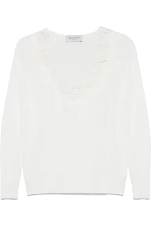 ERMANNO SCERVINO Stickade tröjor & koftor, Dam, S, Bomull, Vit V-ringad Broderad Tröja