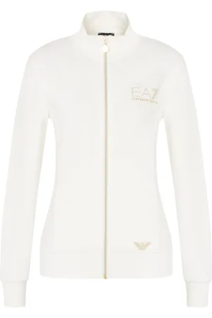EA7 Sweatshirts & Hoodies, Dam, M, Läder, Vit Full-Zip Tröja med Gyllene Detaljer