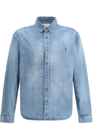 Saint Laurent Skjorta, Herr, M, Denim, Broderad Logga Denim Skjorta
