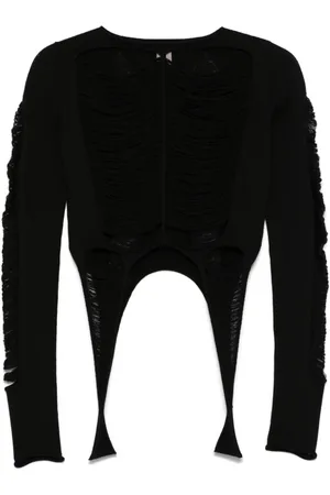 Rick Owens Stickade tröjor & koftor, Dam, M, Svart Sliten Slash Hals Långärmad Topp