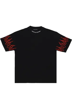Vision Of Super Topp, Herr, L, Bomull, Flames Broderad T-shirt Svart/Röd