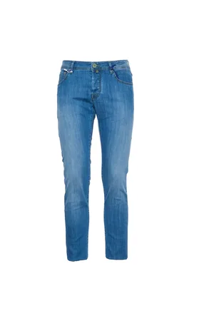 Jacob Cohen Jeans, Herr, W34, Läder, Slim-fit Denim Jeans med Grönt Läder
