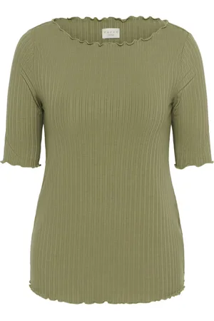 Kaffe Topp, Dam, S, Polyester, Grön Boatneck T-shirt med Krullade Kanter