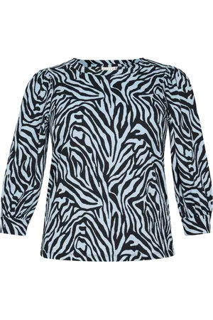 Kaffe Blusar & Skjortor , Dam, L, Blå/svart grafisk T-shirt med puffärmar