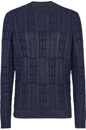 Fendi Stickade tröjor & koftor, Herr, XL, Blå Ribbstickad Tröja Regular Fit Italien