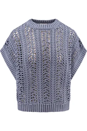 Brunello Cucinelli Stickade tröjor & koftor, Dam, L, Bomull, Blå Sweaters Wide Fit Made in Italy
