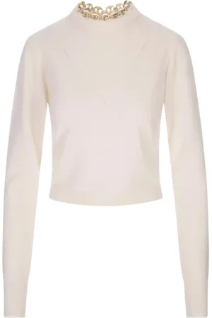 Paco rabanne Stickade tröjor & koftor, Dam, L, Kashmir, Vit Rund Hals Sweatshirt med Guld Accents
