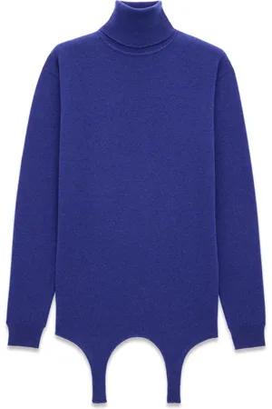 Saint Laurent Stickade tröjor & koftor, Dam, M, Blå Ribbstickad Cashmere Tröja