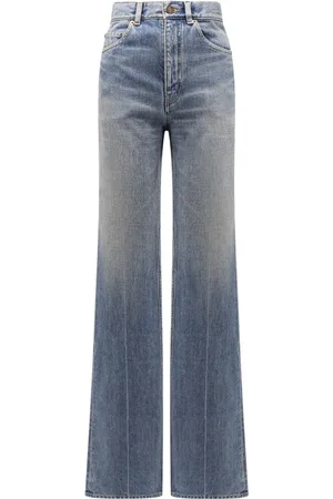 Saint Laurent Jeans, Dam, W28, Läder, Blå High-Waist Jeans med Läderlogotyp