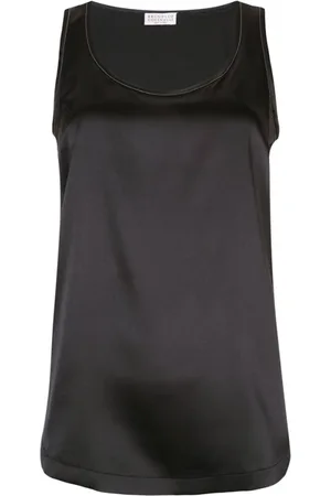 Brunello Cucinelli Topp, Dam, L, Linne, Svart silke linne med rund hals