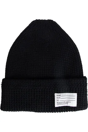 VISVIM Accessoarer, Herr, ONE Size, Bomull, Svart Stickad Mössa med Namn Tag