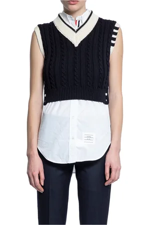 Thom Browne Stickade tröjor & koftor, Dam, S, Kort Kabelstickad V-ringad Tröja