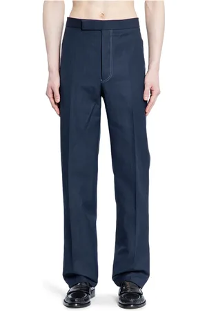 Thom Browne Byxor, Herr, L, Linne, Marinblå Linnebyxor med Tvillingnålsöm