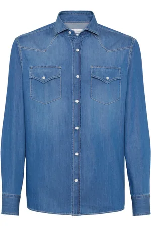 Brunello Cucinelli Skjorta, Herr, M, Denim, Denim tryckknappfästning skjorta