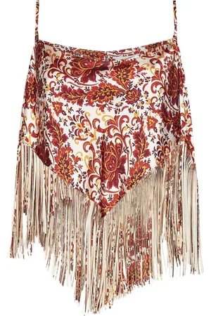 Paco rabanne Topp, Dam, S, Polyester, Blommig Paisley Print Satintopp med Fransar