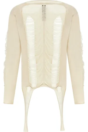 Rick Owens Stickade tröjor & koftor, Herr, M, Vit Ribbad Strap Sweater