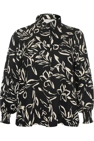 Kaffe Blusar & Skjortor , Dam, 6Xl, Blommig skjortblus svart/sandmålad blomma