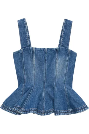 Msgm Topp, Dam, XS, Denim, Blå Denim Ruffle Hem Top