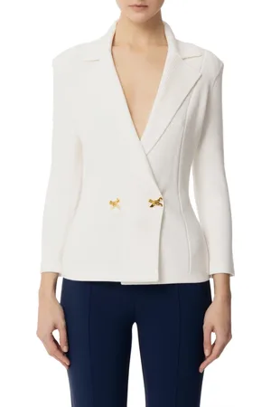 Elisabetta Franchi Jacka, Dam, L, Polyester, Ivory Stickad Jacka med Juvel Detaljer
