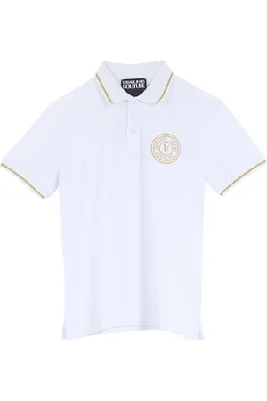 VERSACE Topp, Herr, 2Xl, Bomull, Vit/Guld V Emblem Piquet Polo Skjorta