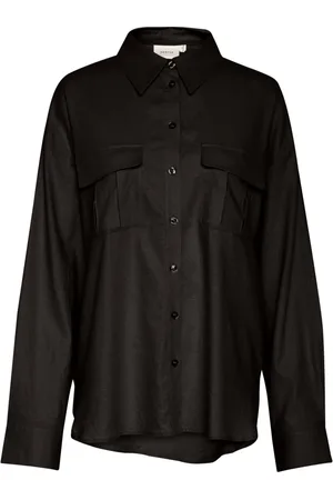 Gestuz Blusar & Skjortor , Dam, M, Linne, Svart linneskjorta med fickor