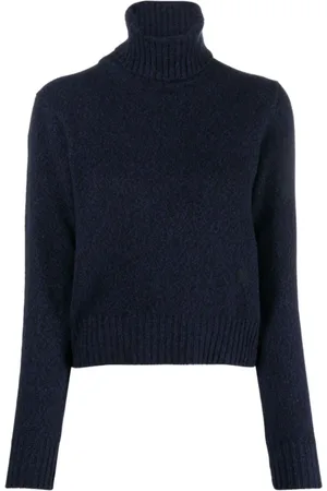 Ami Stickade tröjor & koftor, Dam, XS, Mörkblå Cashmere Tröja med Logotyp